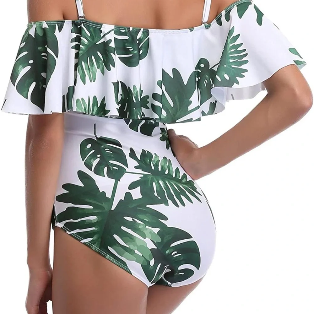 NWT White and Green Floral Ruffled Shoulder Monikini Plus Size 1XL - Picture 5 of 7